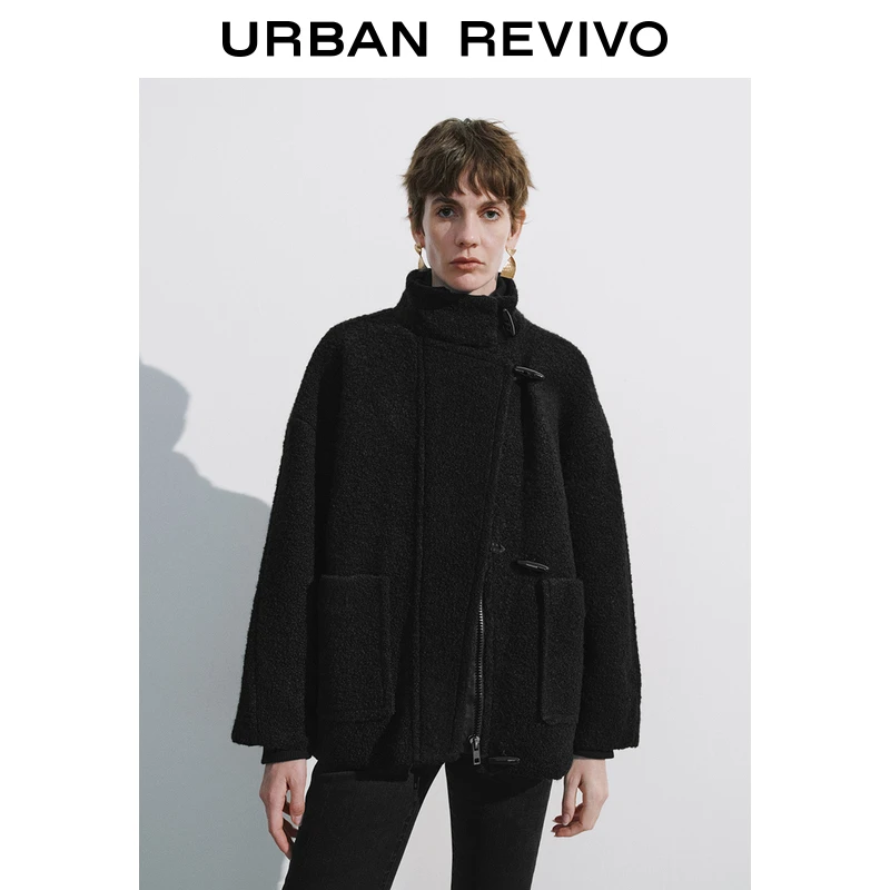 UR2024秋冬新款女时尚设计感超宽松牛角扣立领外套UWH140067+