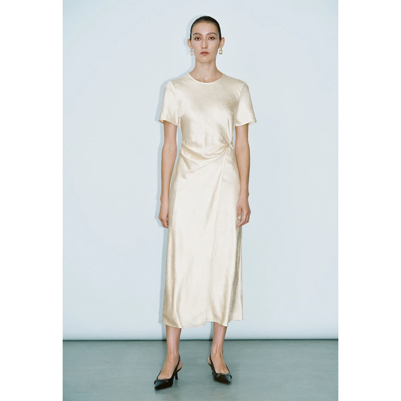 UR2024夏季新款女装新中式风褶皱系带开衩A型连衣裙UWG740055