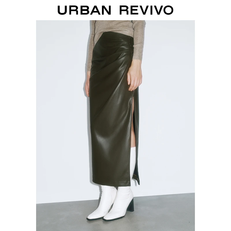 UR2024冬季新款女装都市魅力设计感褶皱直筒半裙UWG540118