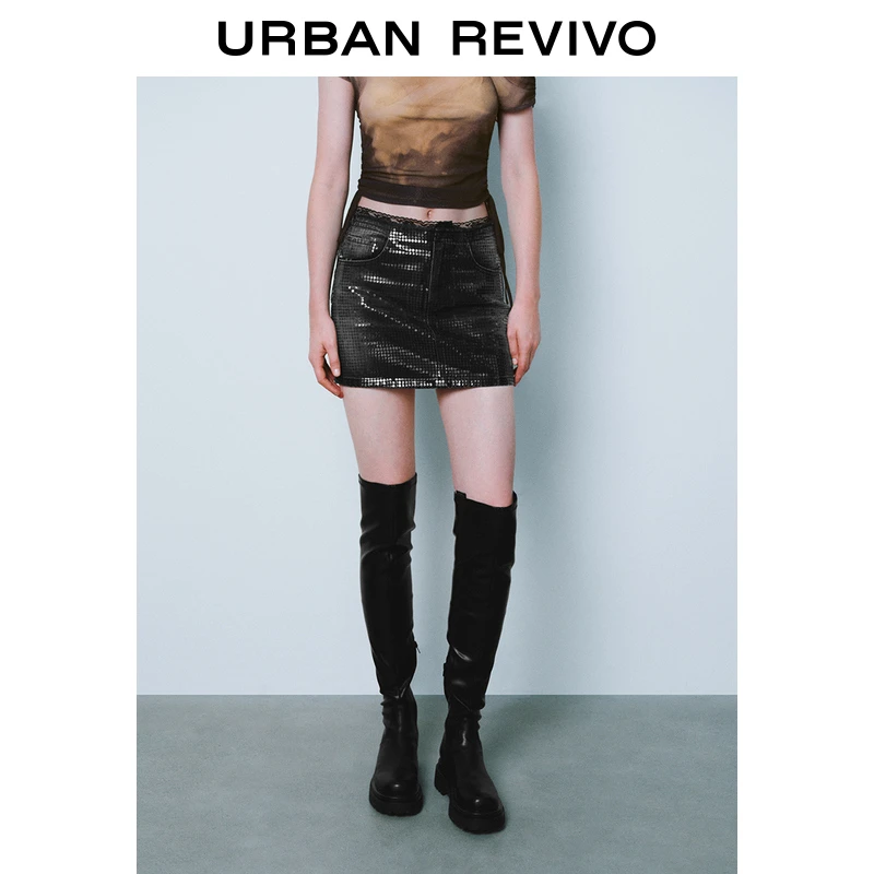 UR女装时髦设计感亮片蕾丝牛仔半裙UYV840022