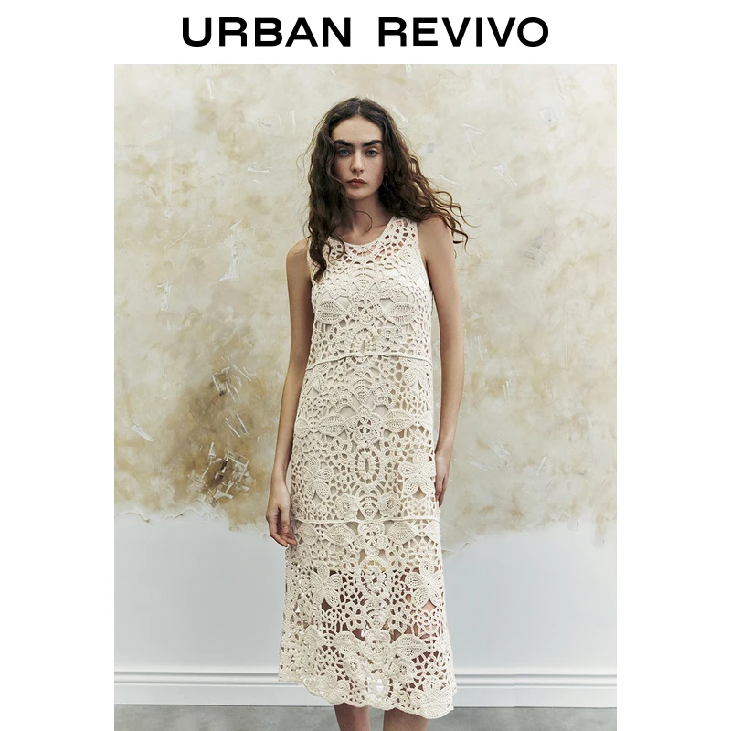 UR2024夏季新款女慵懒森系钩花镂空休闲针织连衣裙UWH940054