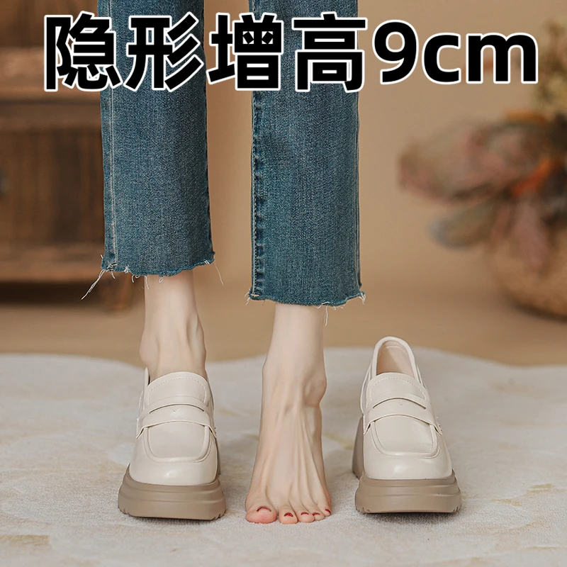 9cm厚底乐福鞋女2024早春新款内增高jk单鞋白色系带英伦风小皮鞋