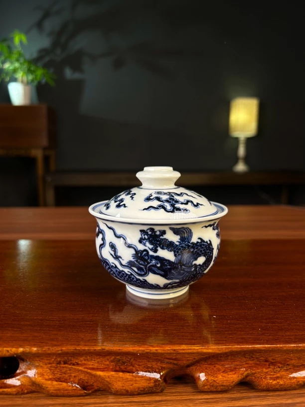 雨岸珍藏 霸王龙布袋盖碗 纯手绘青花窑口 龙纹