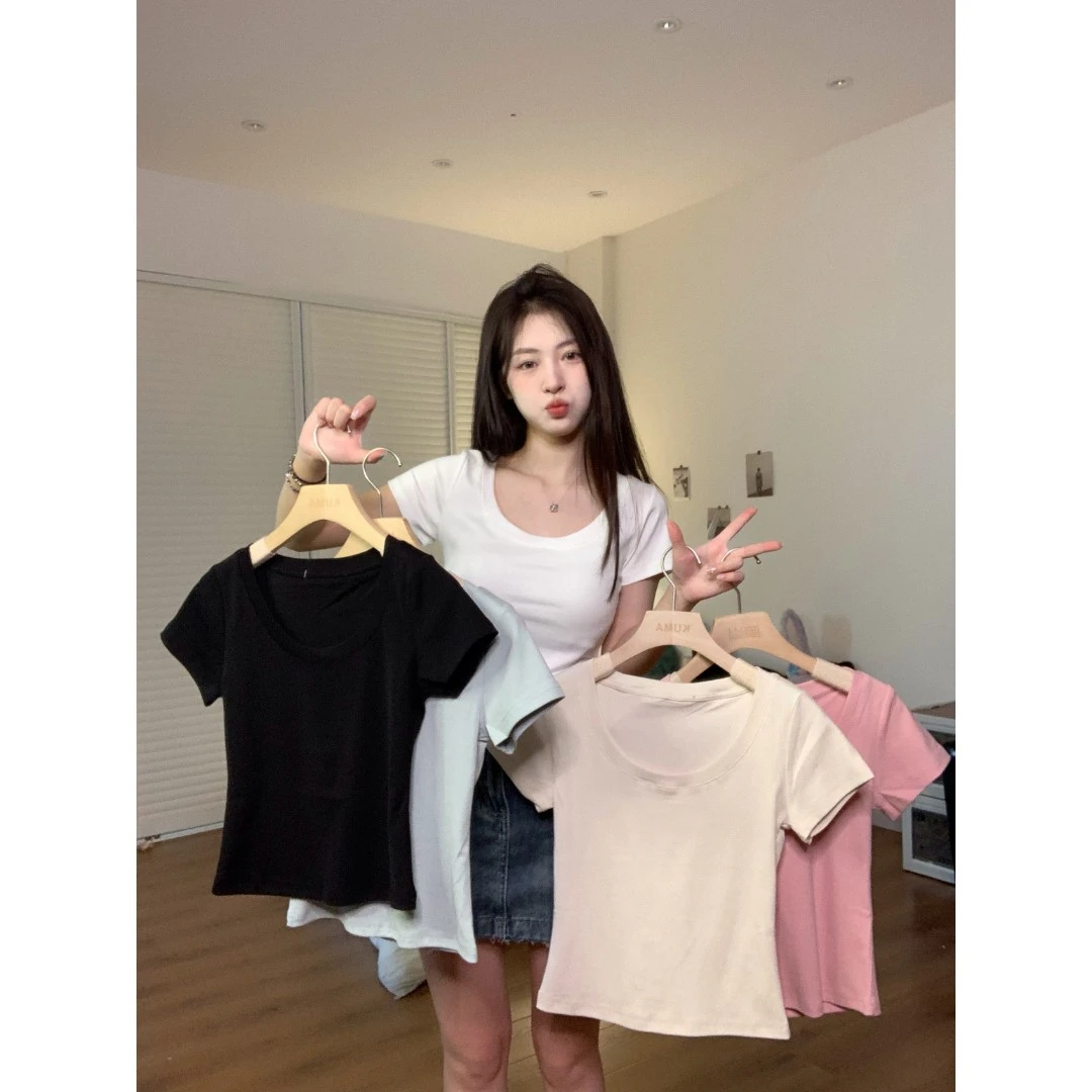 kumayes白色t恤女短袖圆领短款修身打底衫春夏新款纯色上衣