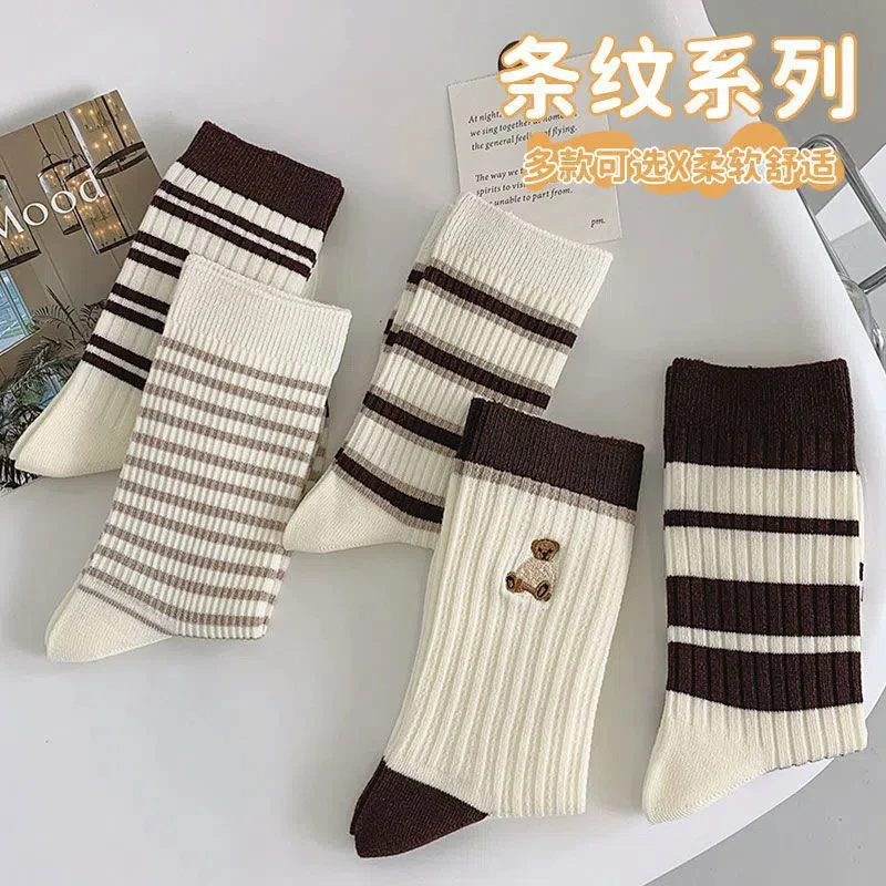 袜子女百搭横条中筒袜秋冬高颜值少女学院透气条纹袜【】