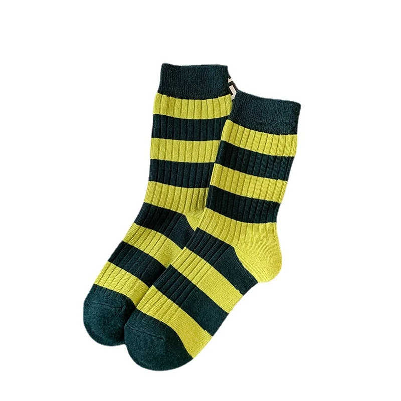 撞色中长筒纯棉条纹潮袜子堆堆袜春秋女ins日系诸暨绿色双针