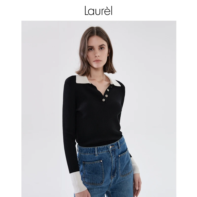 Laurel劳芮舒适POLO领拼接毛针织衫LWD333M03500