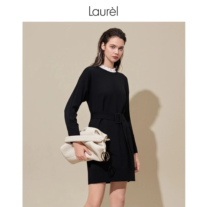 Laurel劳芮新款钉珠收腰长袖显瘦针织毛衫连衣裙LWD342M10200