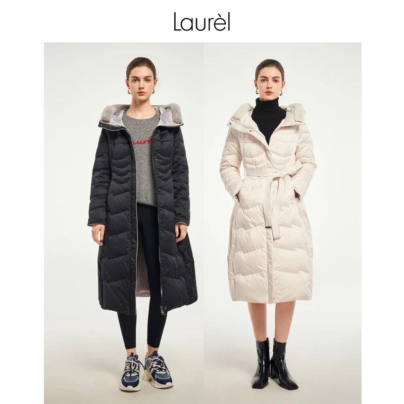 Laurel法式兜帽鹅绒保暖长款带帽水貂领羽绒服女LWD341L01400