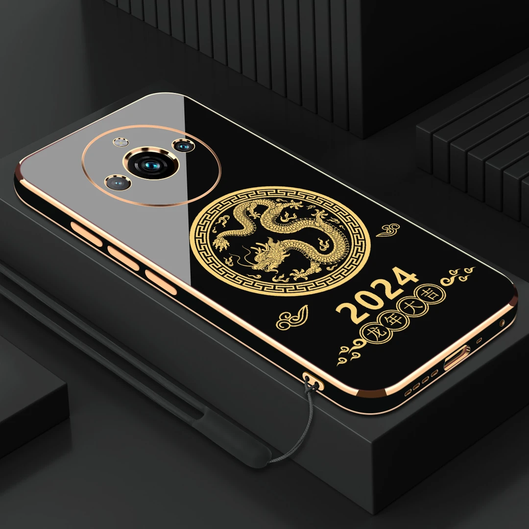 电镀龙年大吉适用realme11pro+手机壳防摔硅胶保护壳直边手机套