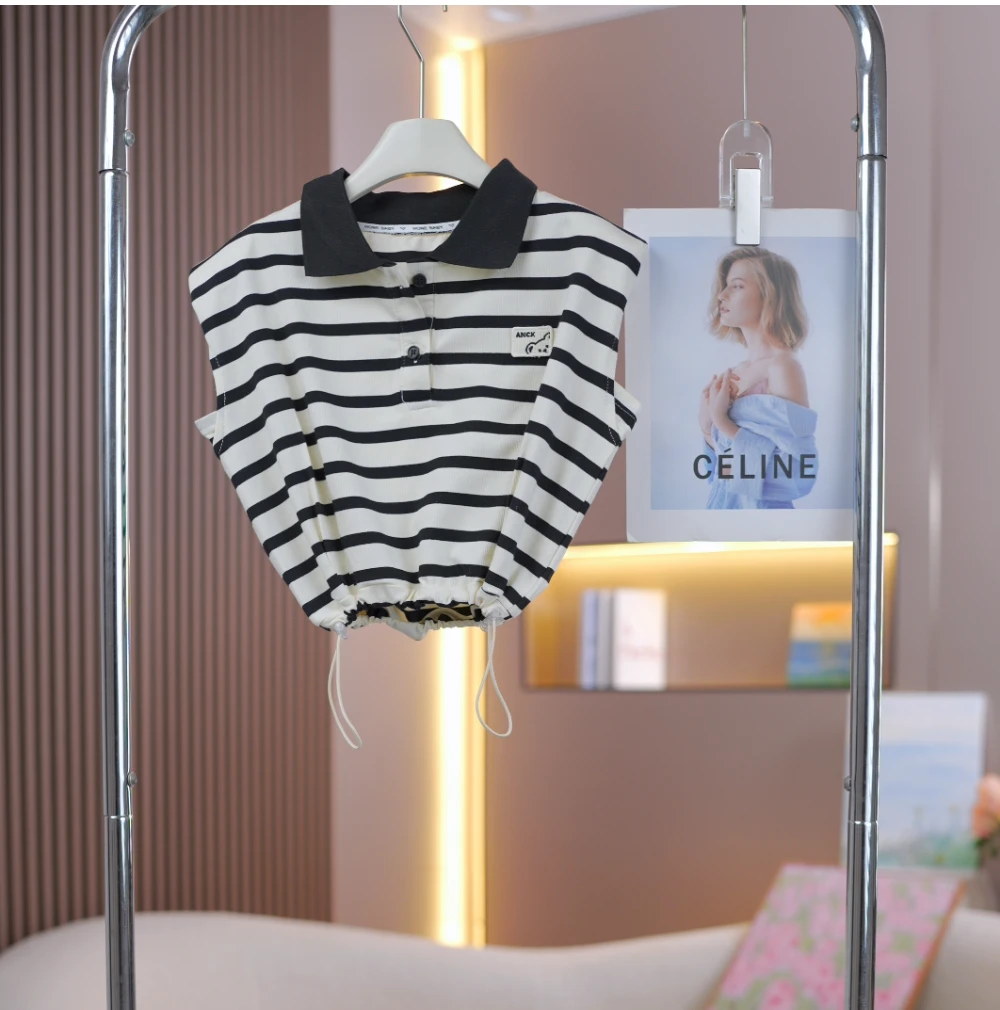 女童条纹POLO领短袖2025夏季新款中大童时尚百搭儿童洋气网红T恤