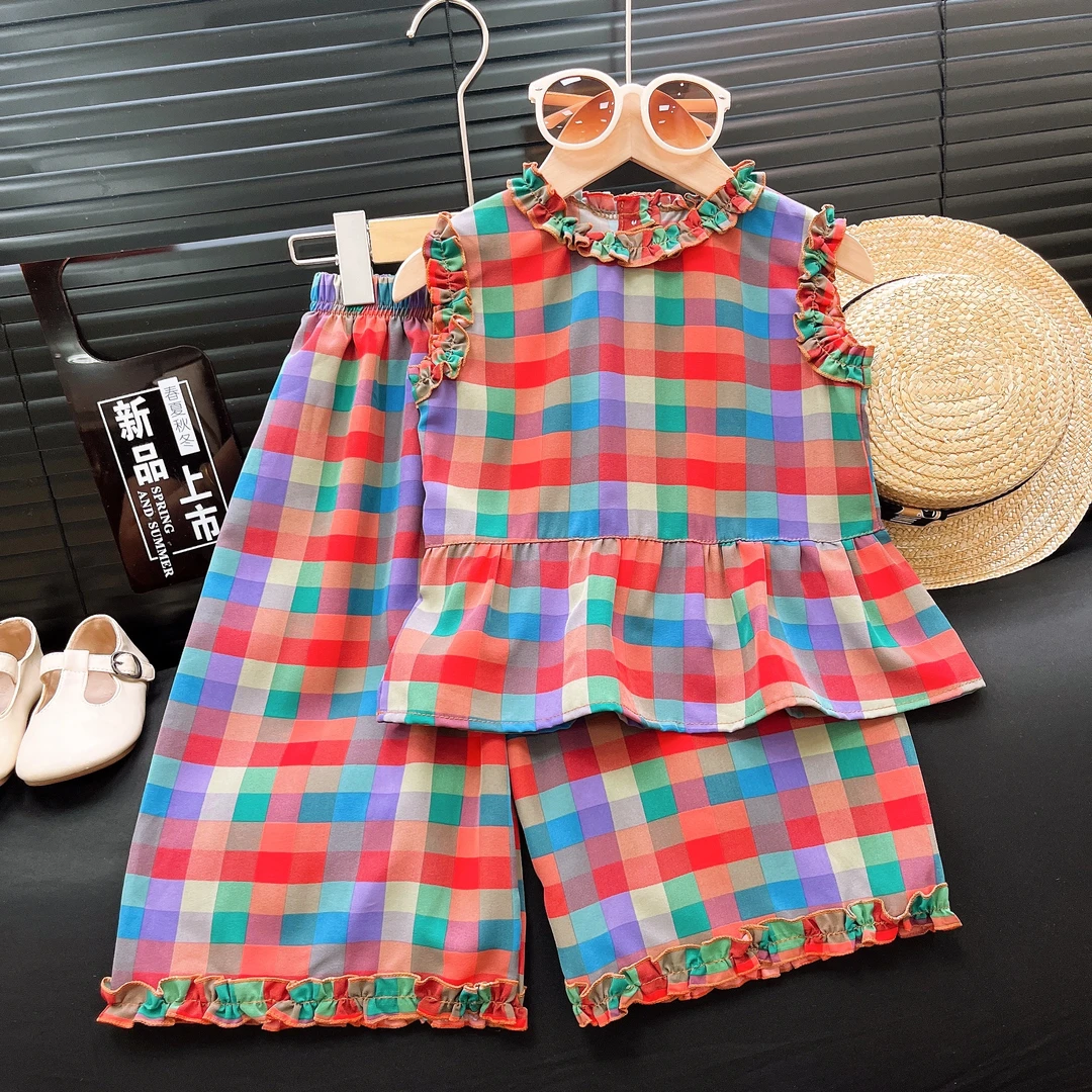 儿童格子套装夏季新款百搭背心七分裤女宝宝洋气薄款阔腿裤两件套