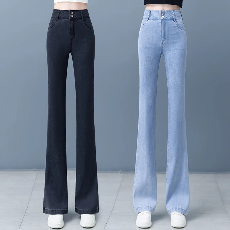天丝微喇牛仔裤女2024夏季新款高腰显瘦柔软休闲冰丝喇叭裤子女装