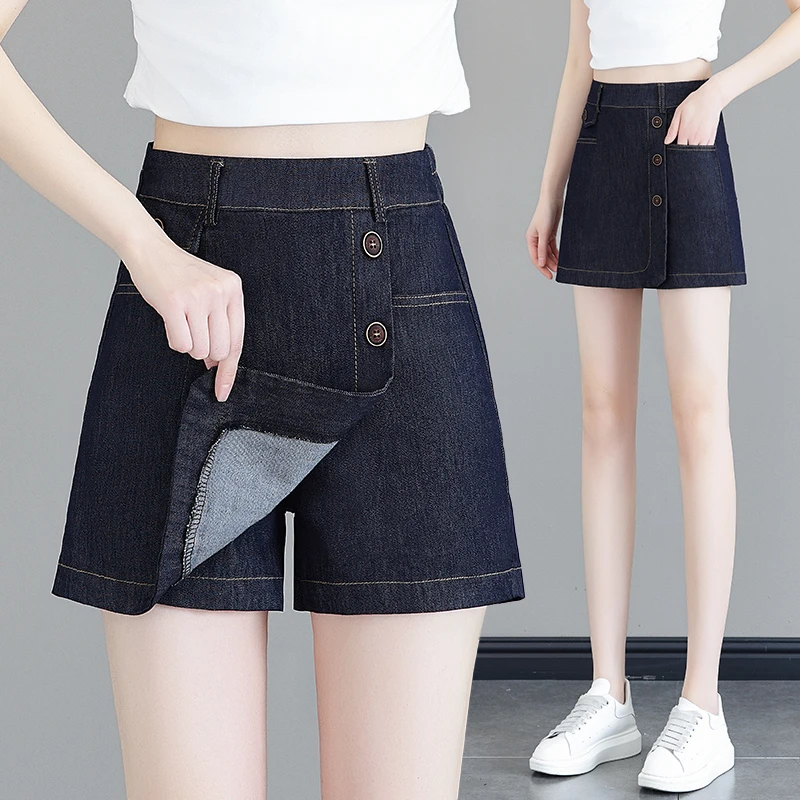 牛仔短裤女2024年夏季新款后松紧高腰直筒薄款a字裙裤阔腿热裤子
