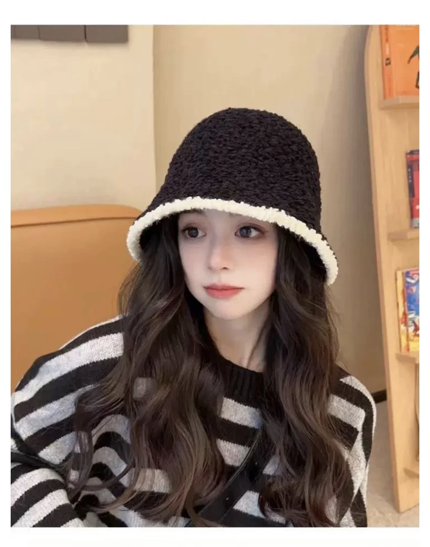 秋冬拼色针织渔夫帽女韩版新款百搭大头围针织羊羔绒水桶帽