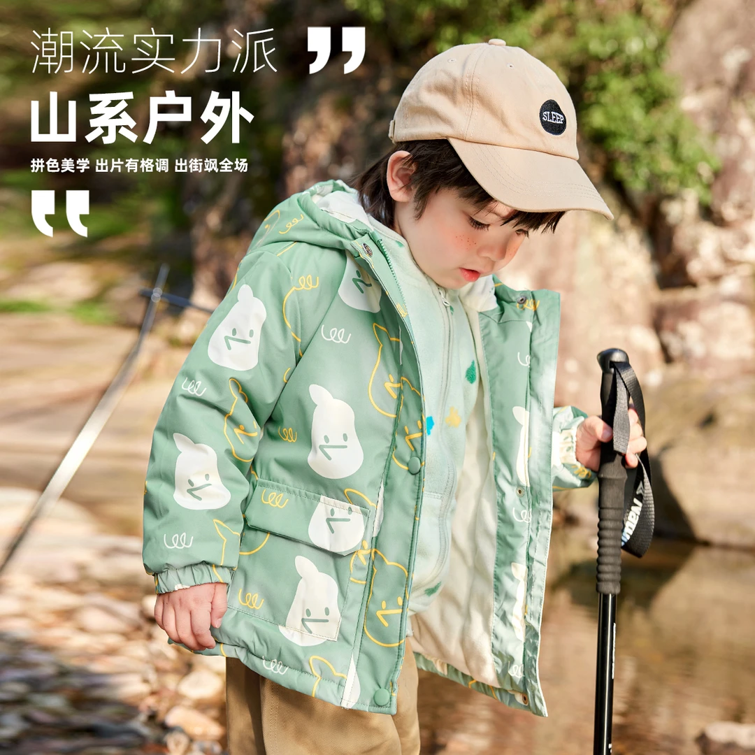 儿童男童女童冲锋衣A类三防防水夹棉加绒加厚连帽加绒外套冲锋衣