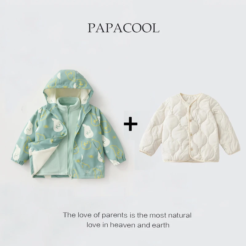 儿童男女童秋冬季保暖加绒印花三防三合一冲锋衣连帽叠穿小外套