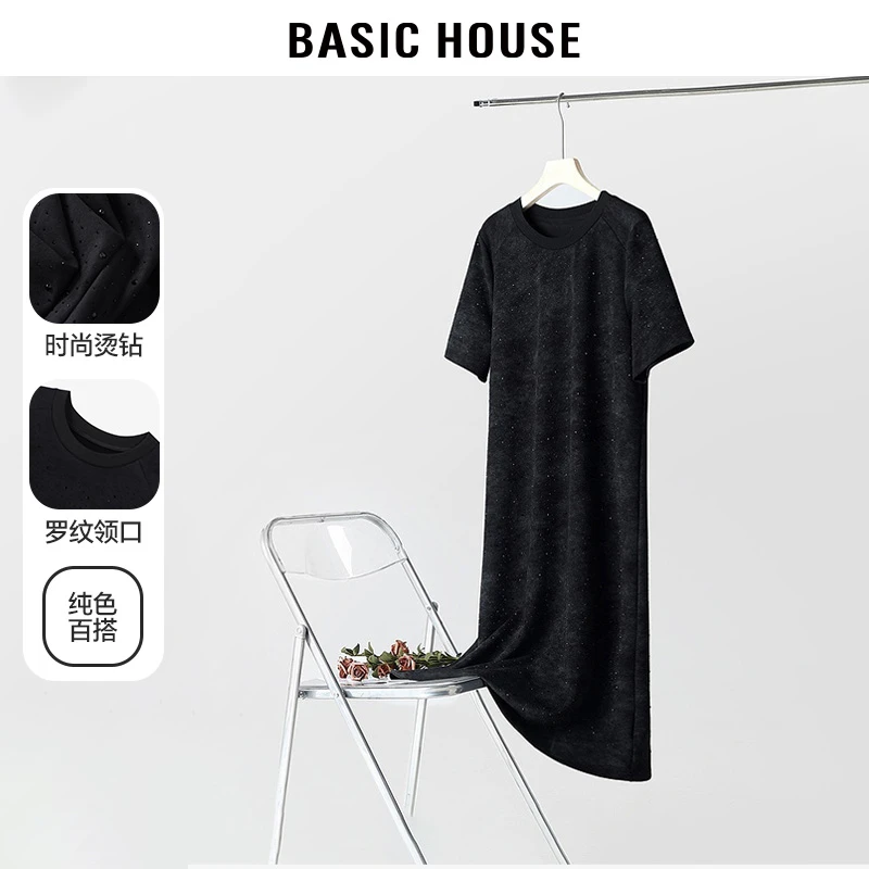 百家好夏季老钱风女装品质烫钻罗纹宽松洋气连衣裙-B0624A5P752