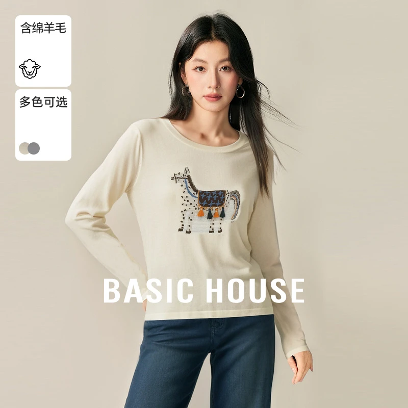 Basic House/百家好百搭休闲圆领刺绣长袖针织衫-B0624E5I802