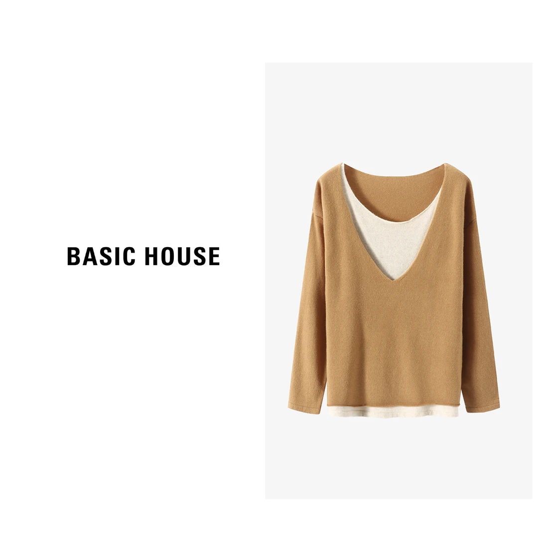 Basic House/百家好假两件设计师拼接套头百搭羊毛衫B0623H5A732