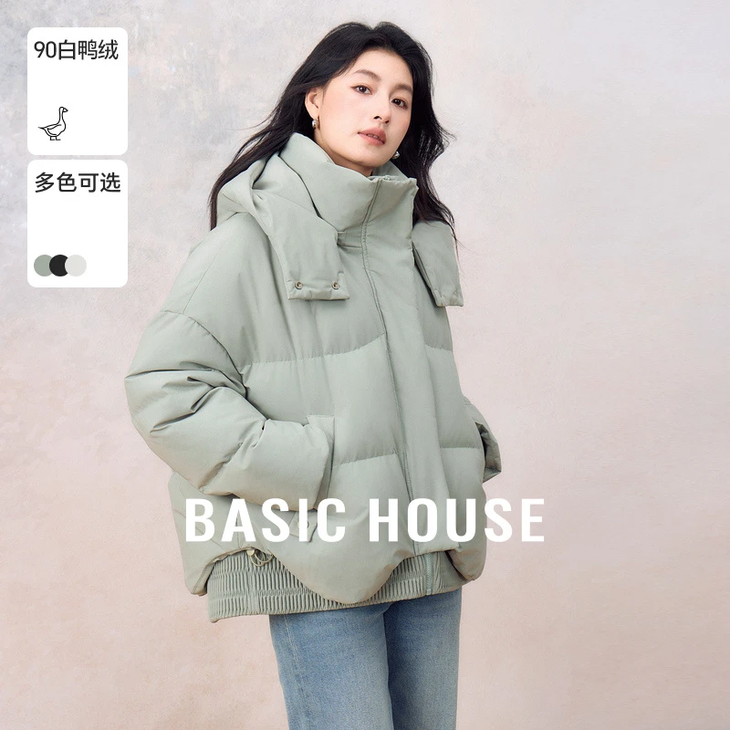Basic House/百家好白鸭绒连帽立领短款羽绒服外套女-B0624A5P722