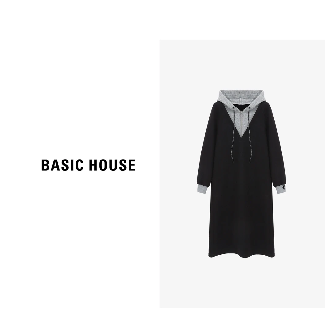 Basic House/百家好春季连帽气质休闲拼接女装长裙-B06245B0342