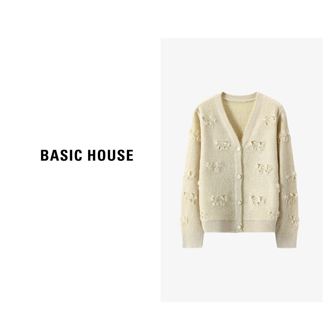 Basic House/百家好2023新款V领镂空设计开衫羊毛衫B0633B5J742