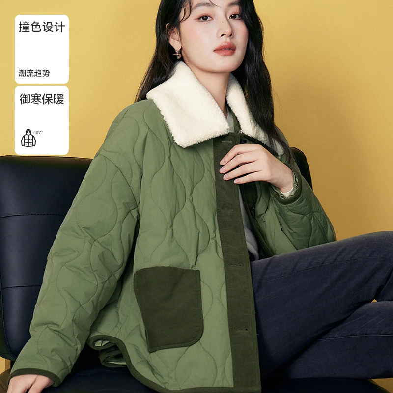 Basic House/百家好冬季新款菱格撞色轻薄棉服女外套-B06245A8062