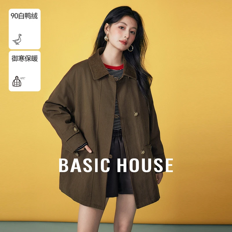 Basic House/百家好方领简约中长款设计羽绒服-B06245S1672