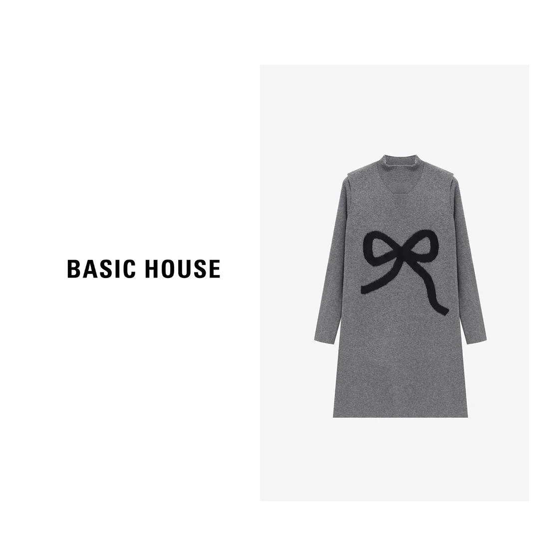 Basic House/百家好新款时尚蝴蝶结针织连衣裙套装B06245S3262