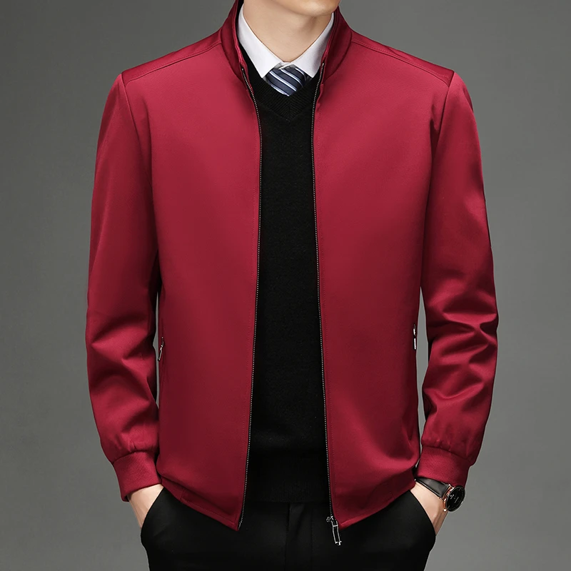 休闲男外套百搭春季纯色薄款夹克翻领商务外套男士红色立领夹克
