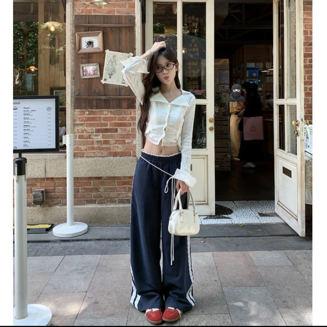 早秋设计感绑带宽松运动阔腿裤