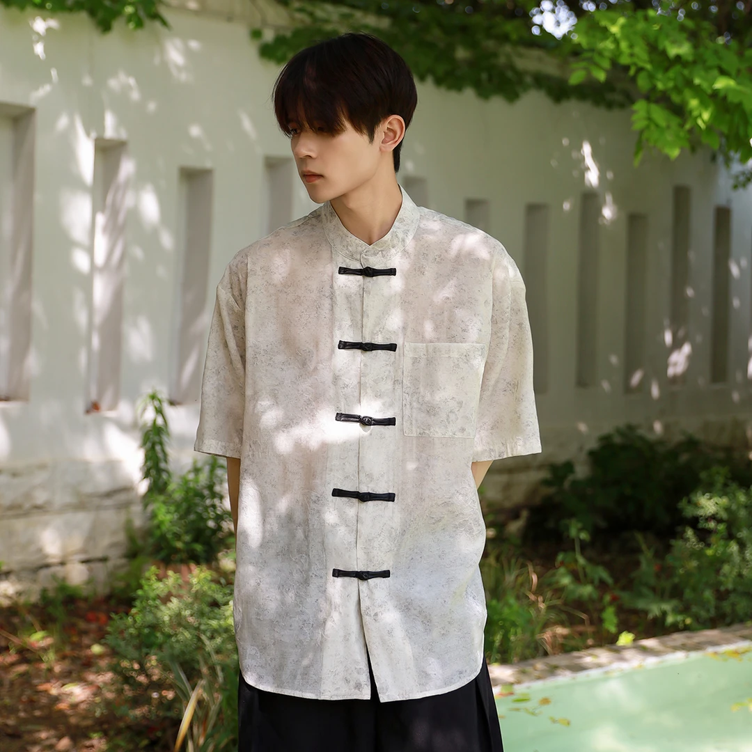 白口阳【白玉瓷】国风暗纹提花面料盘扣短袖衬衫中山装休闲衬衣C535