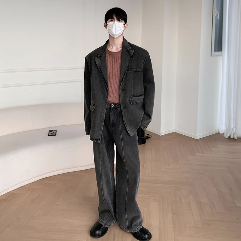 白口阳【 复古集市】小众做旧水洗牛仔西装外套ins休闲痞帅外套Z331