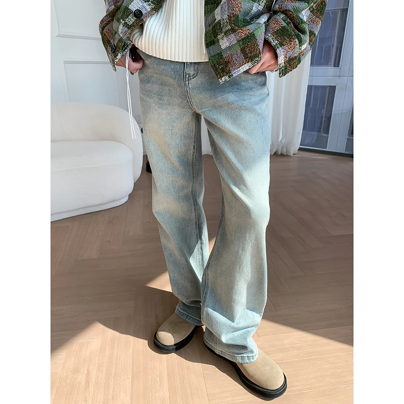 白口阳【盐汽水】做旧水洗浅蓝微喇牛仔裤休闲宽松百搭长裤男ZN0012