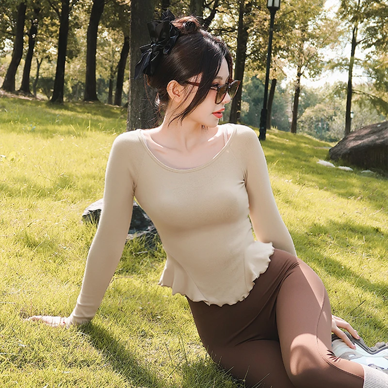 奔跑吧卡卡瑜伽服普拉提上衣木耳边紧身长袖秋冬健身服P190-46