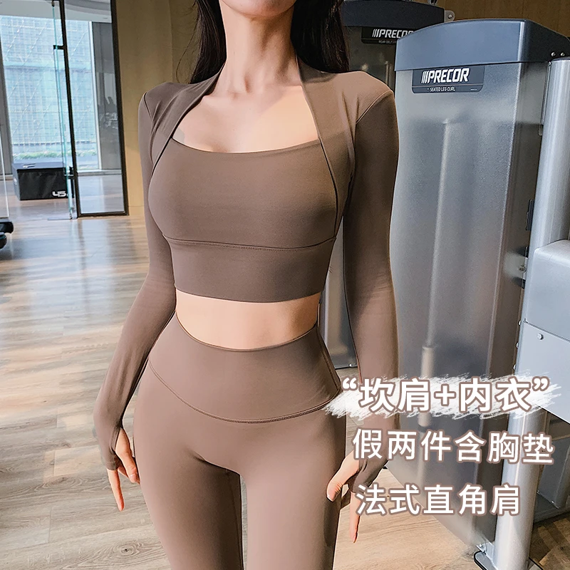 奔跑吧卡卡运动假两件上衣女含胸垫长袖性感遮肉瑜伽服健身服秋冬