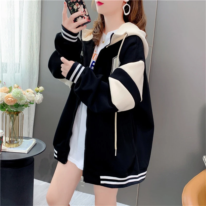 开衫连帽卫衣外套女2025新款春秋拼色时尚休闲百搭薄款上衣棒球服