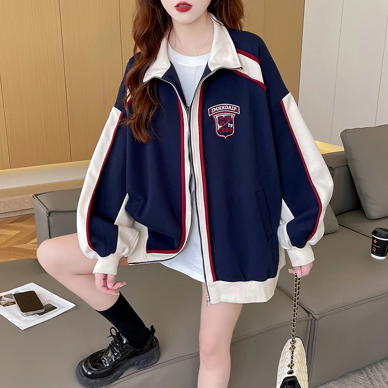 早秋撞色外套女春秋季2025新款开衫卫衣韩版宽松中长款棒球服上衣