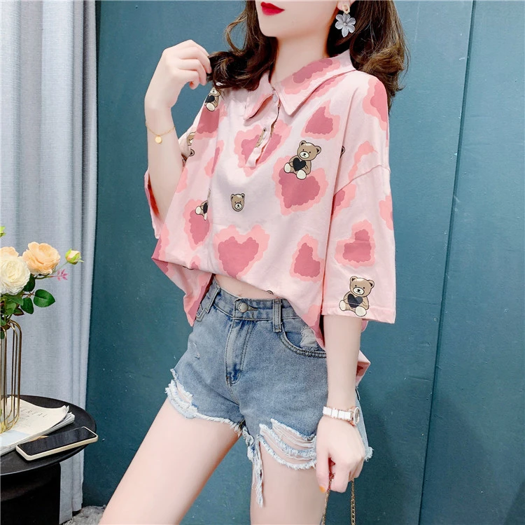 短款polo领短袖t恤女夏季洋气减龄宽松设计感ins超火上衣体恤衫潮