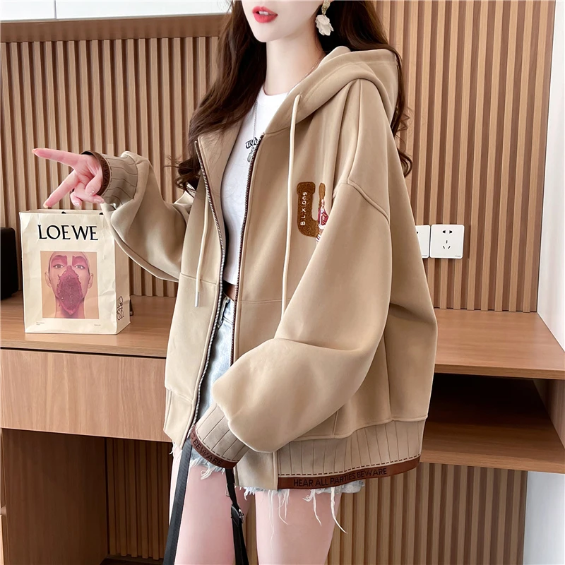 连帽开衫卫衣女2025新款秋冬季爆款宽松设计感加绒加厚棒球服外套