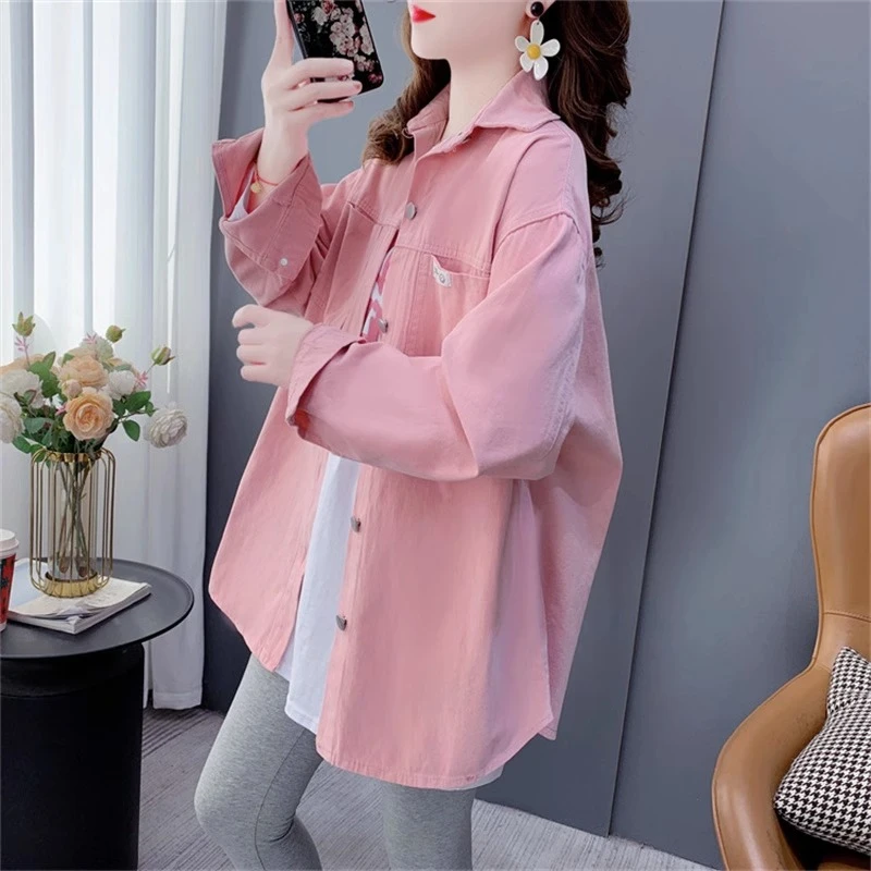 糖果粉色牛仔衬衫女2025年新款春秋宽松大码洋气百搭长袖外套上衣