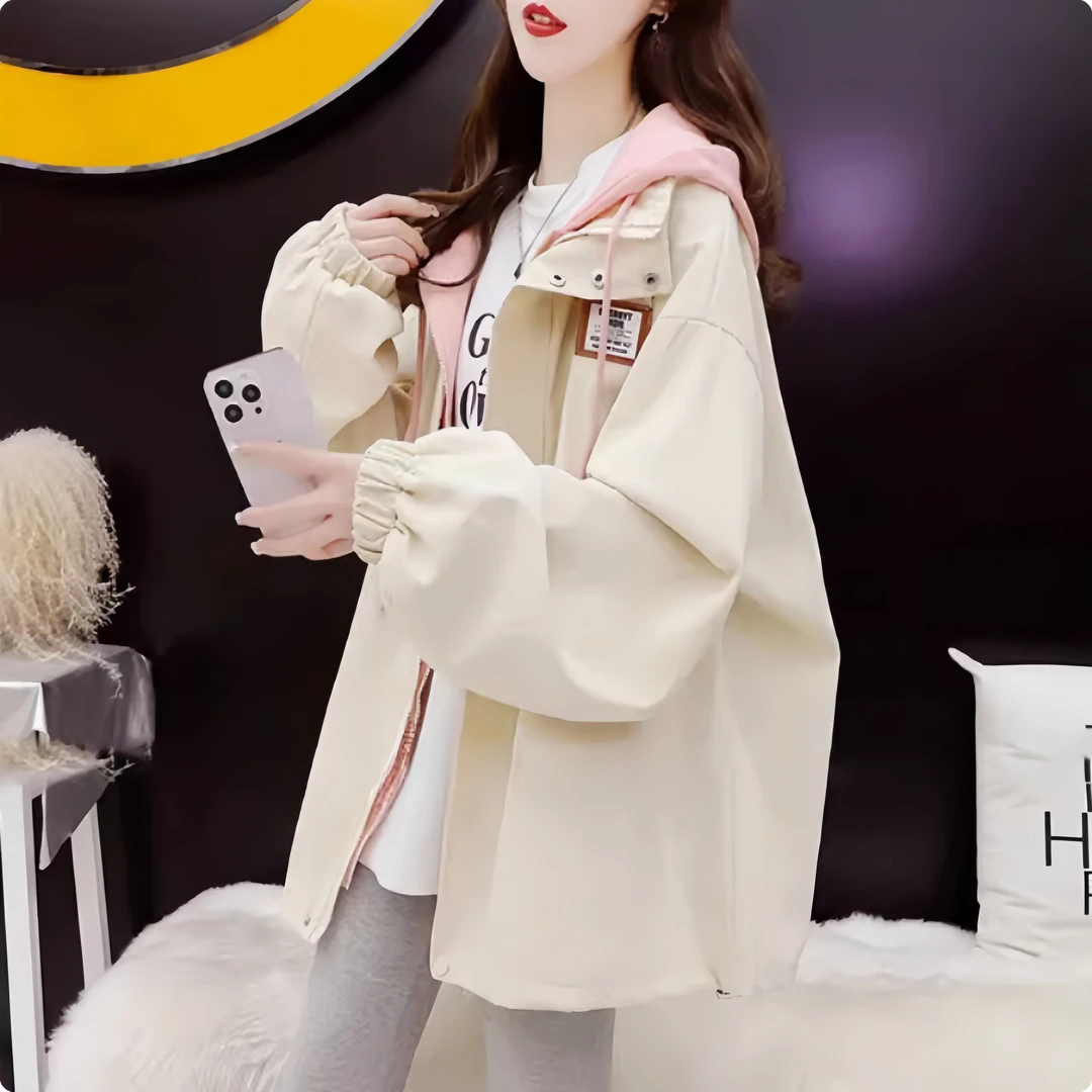 假两件连帽夹克外套女春秋季2025新款宽松设计感小众学生休闲风衣