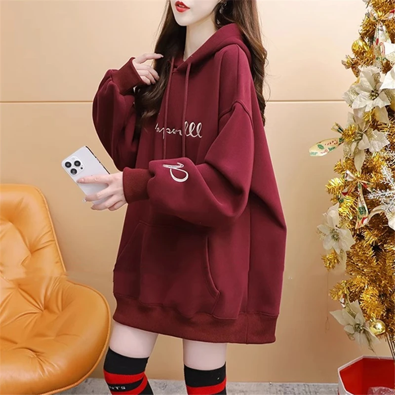 加绒加厚连帽卫衣外套女2024新款秋冬宽松慵懒风百搭美式复古上衣