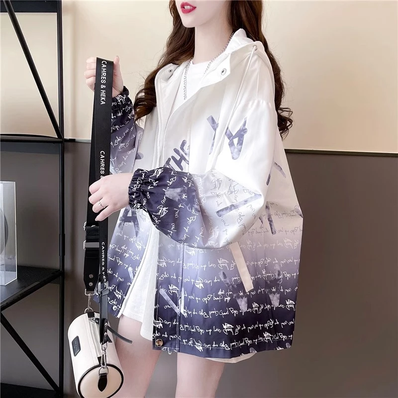 渐变色连帽休闲工装外套女春秋2025新款风衣宽松中长款冲锋衣上衣