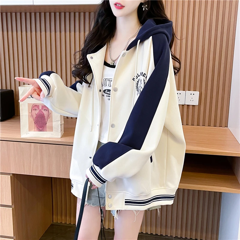 加绒加厚卫衣女2025新款秋冬季宽松休闲棒球服设计感连帽开衫外套