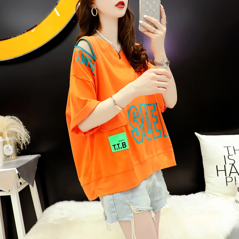 拉链露肩短袖t恤女2025年新款小个子夏季宽松设计感短款上衣ins潮