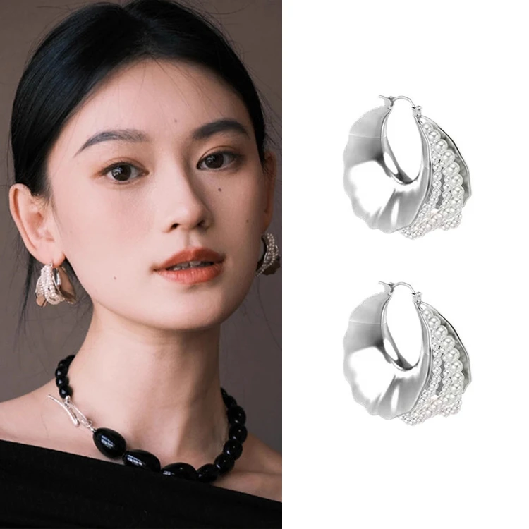 铜合金耳饰 轻奢重工银色肌理感圆圈珠珠耳圈小众夸张N10222