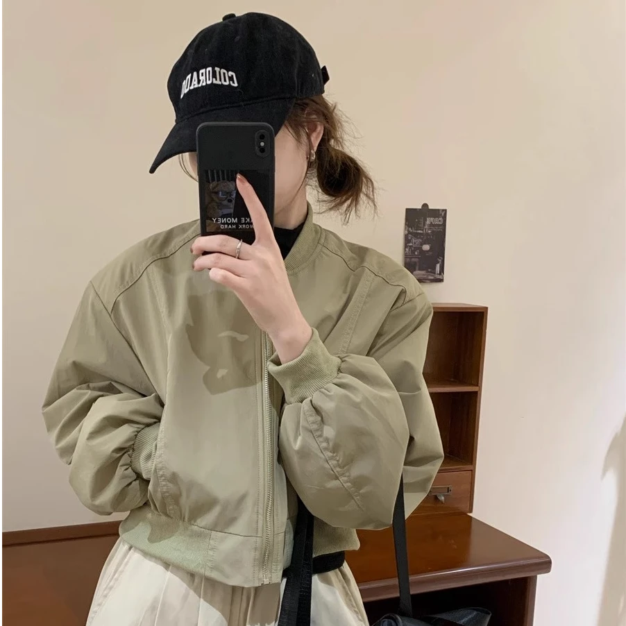 秋季新款简约时尚棒球服短款宽松休闲百搭小个子外套黑色立领韩版