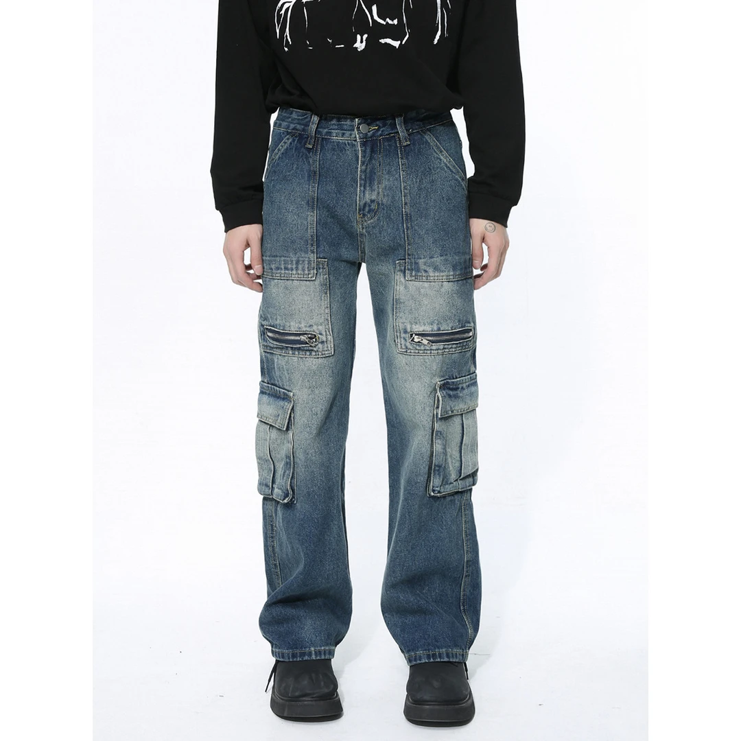 MQ2024新品美式高街复古水洗做旧多口袋牛仔